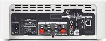 Denon RCD-N10 hvid kompakt high-fidelity system, set forfra, med CD-afspiller, FM-radio, lydindgange og indbyggede højttalere