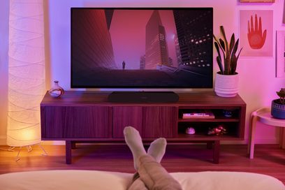 TV som viser en menneskelig silhuett i en fremtidsrettet by, TV-møbel i tre, grønn plante, rosa vase