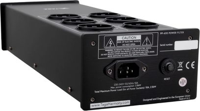 Sort Taga Harmony PF-600 multistikdåse, 6 stikdåser, afbryder, LED-indikator, set oppefra og forfra