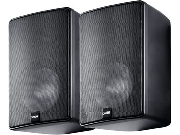 Coppia di diffusori hi-fi compatti Canton Plus XL.3 neri, con pannello frontale in metallo a griglia, vista da tre quarti