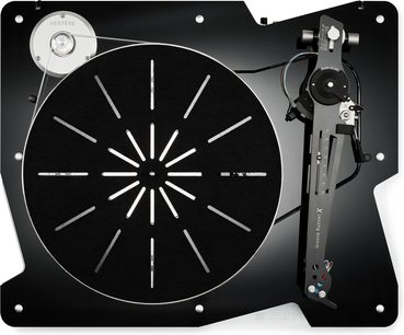 Platine vinyl hi-fi Vertere Acoustics Pack DGX Mystic II sort, set fra oven, sort blank akrylbase med cirkulær udskåret pladetallerken og sort sideplaceret tonearm