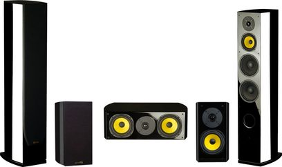 Sæt med sorte og gule Davis Acoustics Vinci 2 gulvhøjttalere, 5 forskellige højttalere, set forfra