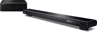 Yamaha YSP-2200 schwarze Soundbar und passender Subwoofer, Frontansicht auf weißem Hintergrund