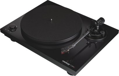 Hi-fi pladespiller Reloop TURN3 i sort, rund plade, tonarm, kontrolknapper, enkel og elegant