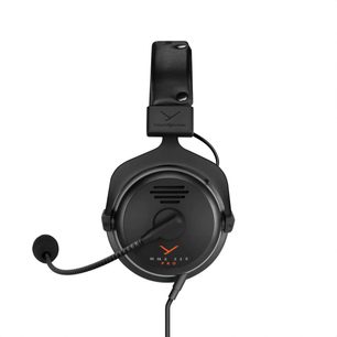 Beyerdynamic MMX 330 PRO Gaming Headset, side view, black circular earcup, flexible microphone, padded headband