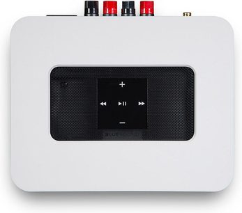 Ampli hi-fi stereo BlueSound PowerNode 2i v bílé barvě, pohled zepředu, ovládací tlačítka a displej na předním panelu