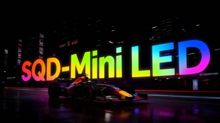 Sort og orange Formel 1-bil foran et kæmpestort flerfarvet SQD-Mini LED-skilt om natten i byen