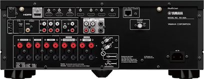 Domácí kino Yamaha RX-A2A černé, zadní strana, audio/video konektory, HDMI porty, anténa, reproduktorové výstupy