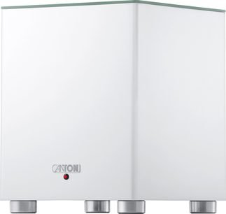 Caisson de basses Canton Smart Sub 8 blanc mat, forme cube, pieds métalliques ronds et voyant LED rouge en façade