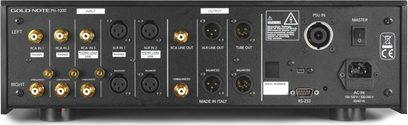 Gold Note PH-1000 prata vista traseira com conectores RCA e XLR, portas de entrada e saída, interruptor e alimentação