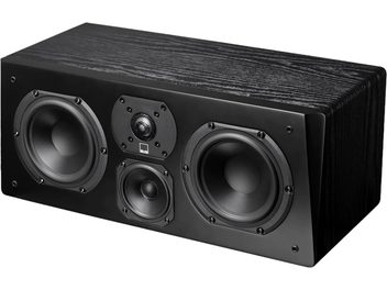Diffusore centrale SVS Prime Center in noce nero, vista frontale, 3 altoparlanti rotondi neri su cabinet rettangolare nero opaco