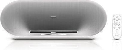 Philips DS8500 hvid multimediehøjttaler, set forfra, oval afrundet form, metalrist foran, knapper på toppen