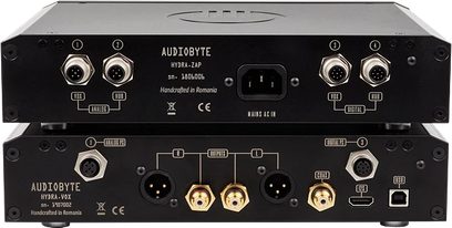 Audio převodník DAC Audiobyte Hydra ZAP + VOX, přední a zadní panel, pohled shora, černé provedení, XLR a RCA konektory