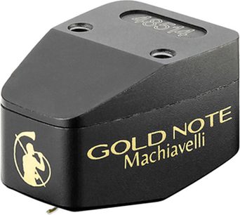 Gold Note Machiavelli MkII gold pladespiller-pickup, sort trapezformet kabinet, gyldne inskriptioner, set ovenfra