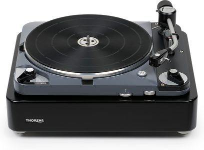 Giradischi hi-fi Thorens TD 124 DD, telaio nero, piatto circolare, braccio in metallo, look retrò di fascia alta
