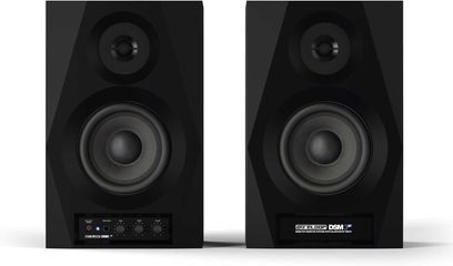 Mustad aktiivkõlarid Reloop DSM-3 BT kahe ümmarguse kõlari ja juhtpaneeliga vasakul kõlaril