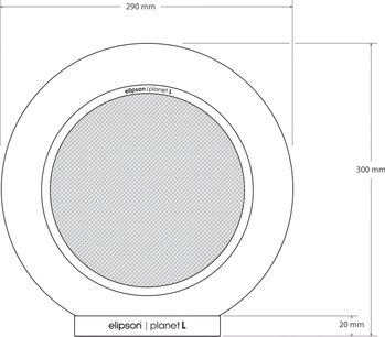 Schemă tehnică a unui difuzor bibliotecă Elipson Planet L, vedere frontală, cu dimensiuni în milimetri, finisaj roșu lucios