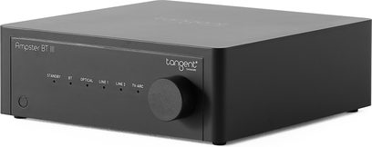 Hi-Fi stiprintuvas Tangent Ampster BT III, matinės juodos spalvos metalas, didelis garsumo reguliavimo mygtukas, įėjimo indikatoriai, vaizdas iš priekinės-dešinės 3/4 perspektyvos