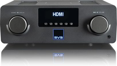 Amplificador hi-fi estéreo SVS Prime Wireless Pro SoundBase negro, vista frontal, pantalla OLED, botones táctiles, ruedas de control