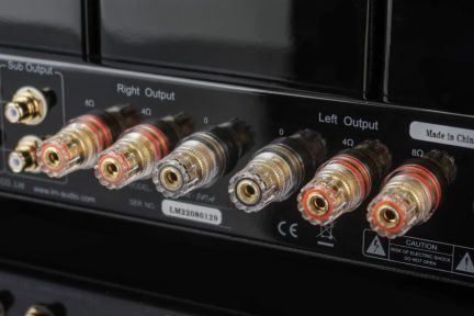 Morsettiera posteriore di amplificatore audio nera con uscite altoparlanti sinistra e destra e uscita subwoofer