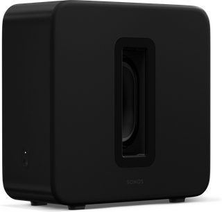 Soundbar Pack ARC Ultra + Sub (Gen 4), set fra siden, rektangulær form, sort farve, afrundede hjørner, central åbning