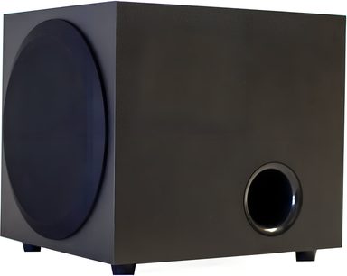 Cassa subwoofer Eltax SW800 nero, cabinet nero opaco tipo legno/MDF, riflesso frontale, altoparlante laterale con griglia, vista 3/4