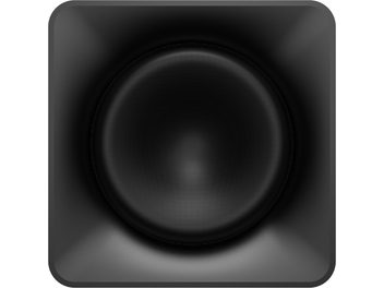 Čierny matný plastový subwoofer Klipsch Flexus SUB 200 s štvorcovou skriňou zaoblenými rohami a centrálnym kruhovým reproduktorom, pohľad zepredu