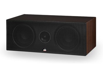 Центральна колонка PSB Alpha C10 з горіха, передня панель, вид з три чверті, темний дерев'яний корпус, 2 чорні круглих динаміки