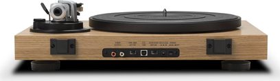 Platine vinyle Roberts RT100 en bois clair avec plateau noir, bras de lecture et cellule, posée sur un socle avec boutons