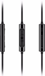 Tre Sennheiser Momentum On-Ear M2 sorte in-ear hovedtelefoner set forfra med kabler og indbyggede fjernbetjeninger