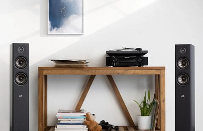 Sada sloupkových reproduktorů Polk Audio R500 černá, dřevěný stůl, vinylové desky, zelená rostlina, obraz oblohy s mraky, bílá zeď
