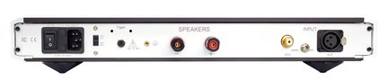 Rückseite eines silbernen Audioverstärkers aus Metall, IEC-Anschluss mit Schalter, Lautsprecherklemmen +/−, RCA- und XLR-Eingänge