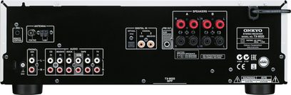 Onkyo TX-8020 sort hi-fi stereoforstærker, bagside, audio- og videoforbindelser, antenne, højttalerterminaludgange og hovedtelefonstik