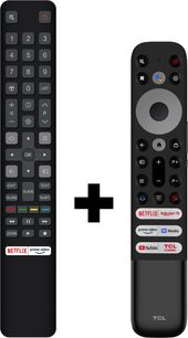 To sorte TCL-fjernbetjeninger, den ene med numerisk tastatur og Netflix/Prime Video-knapper, den anden mindre med multimedie-knapper