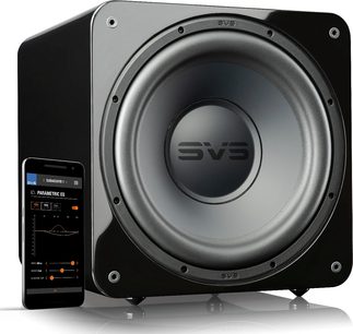 SVS SB-1000 PRO subwoofer i sort lak med mobil kontrolapp, set forfra og fra siden