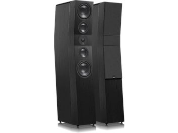 Boxă de podea SVS Ultra Evolution Titan din frasin negru, vedere frontală, 5 difuzoare, carcasă din lemn negru texturat
