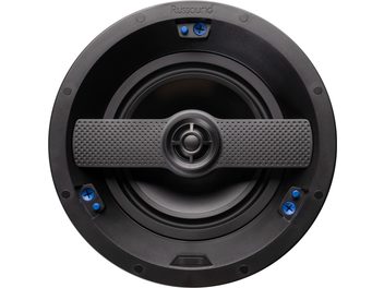 Russound IC-620 gömme hoparlör, önden görünüm, siyah ızgara ve 4 mavi vida, ortada gümüş renkli tiz hoparlör
