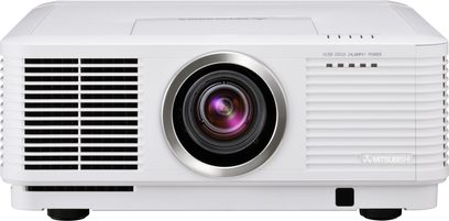 Proyector Mitsubishi WD8200U blanco, vista frontal, lente centrada con rejilla negra, botones en la parte superior