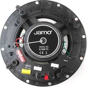 Jamo IC408 FG indbygget højttaler, frontvisning, rund sort højttaler med metalrist, synlige stik og justeringer