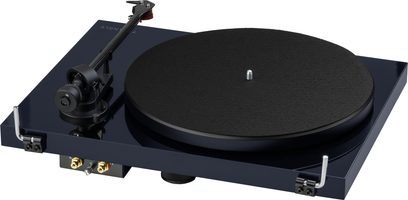 Gramofon hi-fi Triangle Lunar 3 niebieski, widok z góry, czarny okrągły talerz, ramię odczytujące po lewej, prostokątna podstawa