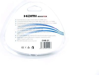 HDMI-forstærker Choseal CHB-21 hvid, forfra af den gennemsigtige plastikemballage med blå og sort etiket