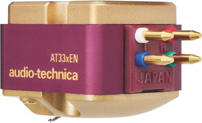 Audio-Technica AT33xEN pickup, bordeaux- og guldfarvet metalkorpus, 4 guldbelagte farvekodede stifter, set fra højre profil
