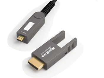 Cablu HDMI Wyrestorm CAB-HAOC-40-C gri închis cu conectori auriți, văzut din față și lateral