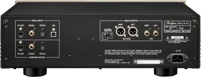 Hifi-CD-spelare Accuphase DP-570, bakre vy, digitala och analoga anslutningar, nätströmförsörjning, rektangulärt svart hölje