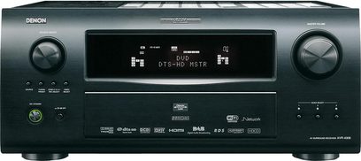 Denon AVR-4308 sort hjemmebiografsforstærker, frontpanel med centralt LCD-display, kontrolknapper og -hjul, frontporte