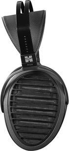 Auriculares de alta fidelidad abiertos Hifiman Arya Stealth Magnet Version, negros, vistos desde el perfil izquierdo, rejilla metálica en la orejera
