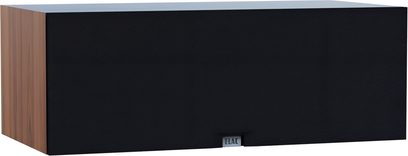 Cassa centrale Elac Debut 3.0 DC53, cabinet in legno di noce, griglia in tessuto nero con logo, vista a tre quarti anteriore sinistra