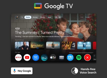 Google TV-interface på fladskærm med startmenu, Prime Video fremhævet og ikoner for Netflix YouTube Spotify