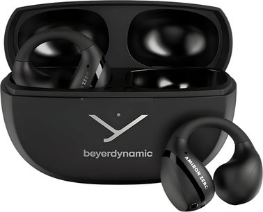 Czarne słuchawki Beyerdynamic Amiron Zero z matowego plastiku, w kształcie pierścienia, otwarte etui ładujące
