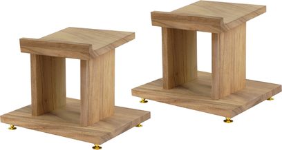 Enova HIFI Majesty træhøjttalerstandere VS 20 i lyst træ, rektangulær struktur, flad base, gyldne spidser, perspektivvisning